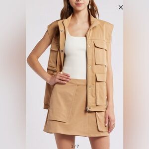 Open Edit Twill Cargo Vest, Long, Zip Front, Beige - Womens Large